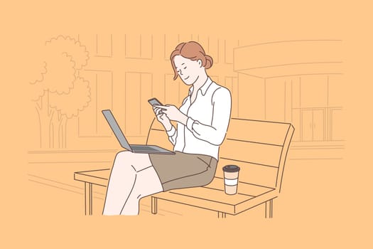 Business, communication, lunch, freelance concept. Young happy with a smile woman, businesswoman resting during breakfast. Successful girl, office worker or blogger. Online negotiations. Flat vector.