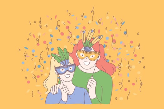 Festive masquerade, creative celebration concept. New Year, Birthday fancy-dress ball, costume party, family entertainment, female adult and child with masks, holiday joyfullness. Simple flat vector