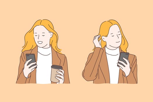 Gadget dependence, keeping in touch concept. Smartphone features using, social networking service, businesswoman reading and writing message, blogger sharing photos. Simple flat vector
