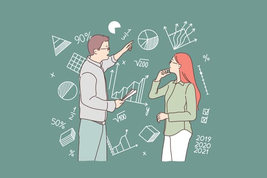 Business, study, strategy, question, teamwork concept. Young man and woman, businessmen or teachers decides task, plan. Team of economists analyze variable data. New idea. Flat simple vector.