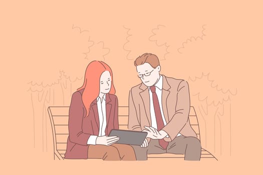 Business, teamwork, proposal concept. Young contented man,woman met to negotiate or consider new ideas. Successful Businessmen, Businesswomen, colleagues, partners create project. Flat simple vector.