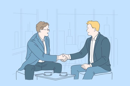Business, partnership, agreement, teamwork concept. Successful young people, businessmen met for an important conversation, contract, negotiations. Happy men greet each other. Flat simple vector.