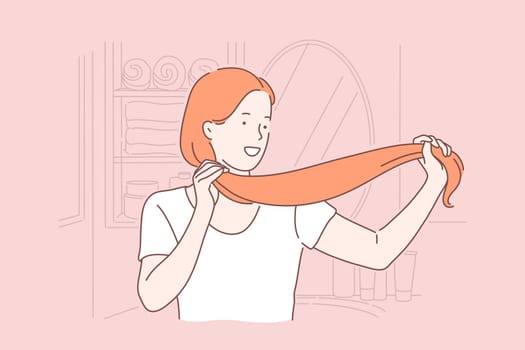Hair care, hairdo, beauty, saloon procedure concept. Hairstyle, healthy chevelure, cosmetic products effect, young woman combing her hair, taking care of herself. Simple flat vector