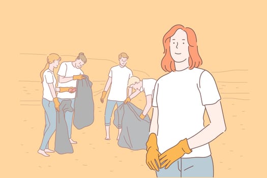 Volunteering, eco, environment, pollution concept. Young Enterprising responsible people, men and women or teenagers voluntarily clean territory. Boys and girls sorting garbage. Flat simple vector.
