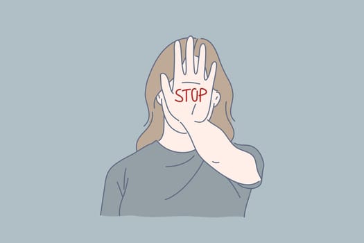 Domestic violence, alcoholism, beatings, threat concept. Young woman is afraid to accept mutilation and abuse. Frightened teen girl wants to stop bullying and humiliation in family. Flat simple vector