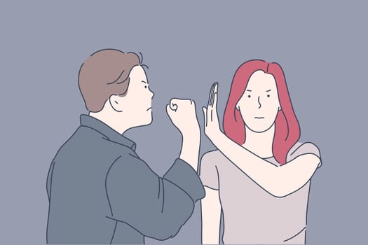 Domestic violence, threat, beating concept. Couple, man, woman marriage find out relationship in alcohol intoxication. Husband in rage threatens wife physical punishment. Sexual violence. Flat vector.