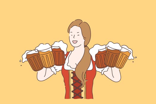 Oktoberfest vector concept. Beautiful young girl holding serving big beer mugs. Woman wearing traditional Bavarian dress at beer party. Vector flat design.