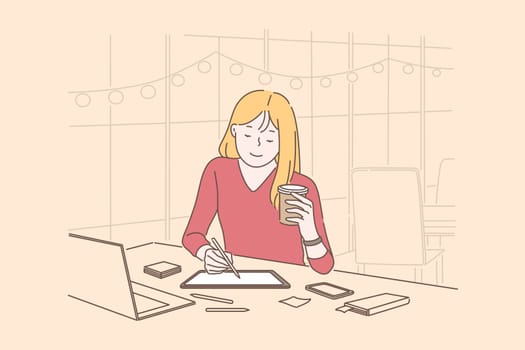 Graphic designers, digital artist occupation concept. Young woman drawing on tablet screen with stylus, relaxed girl drinking coffee in cafe, coworking center. Simple flat vector