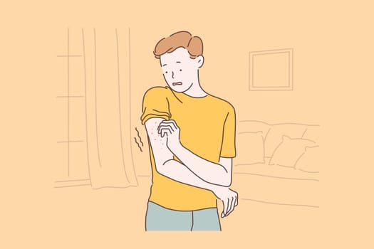 Patient allergic reaction, eczema symptoms concept. Man with rash on arm, scared boy scratching itch pimples, frightened guy skin irritation in ankle area. Simple flat vector