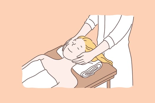 Professional spa salon, beauty services concept. Relaxed woman enjoying face lifting massage lying on couch, cosmetologist making skincare procedures. Simple flat vector