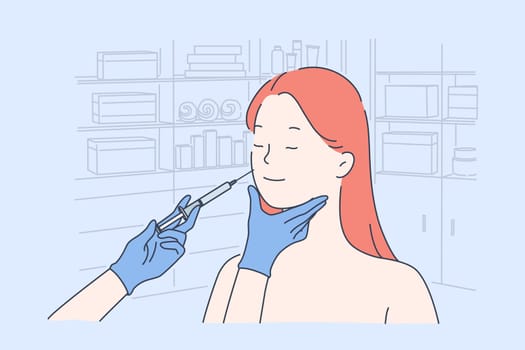 Cosmetology anti wrinkle procedure, beauty salon skincare and antiage therapy, beauty salon treatment concept. Cosmetologist making neurotoxin injection into woman face. Simple flat vector
