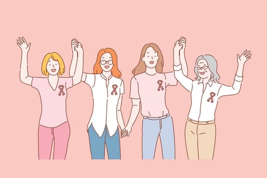 Health, breast cancer awareness ribbon concept. Young and old women and girls smiling with pink ribbons on their chests join hands to celebrate world disease day on October 15. Volunteering, supporting womans illness. Simple flat vector.