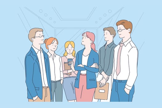 Lift, waiting, team concept. Group of people businessmen and businesswoman colleagues rode the Elevator to the office. Clerks the beginning of the day, ready to perform the duties. Vector flat design.