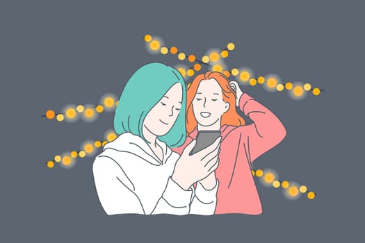 Friendship, communication, self, young lifestyle concept. Teens girls, girlfriends have fun at the carnival, holiday, posing for photos. Students are actively promoting social network. Flat vector.