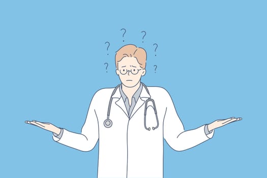 Question, problem, medicine, ignorance concept. Young ignorant pensive thoughtful man doctor intern cartoon character thinking about problem. Searching for idea and trouble solution or brainstorming.