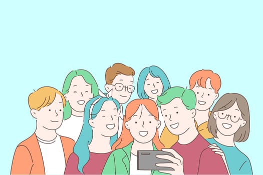 Youth community, teenage friendship, spending time together and communicating concept. Young people group taking selfie, friends pastime, happy boys and girls making self portrait. Simple flat vector
