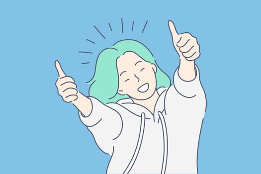 Like sign, joy, approval, happiness concept. Young happy smiling woman or girl teenager cartoon character showing thumbs up. Success and goal achievement facial expression flat vector illustration.