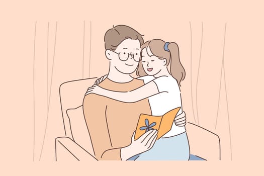 Happy fatherhood, strong father and daughter relationships, family love and tenderness concept. Little girl hugging daddy and greeting with fathers day, dad and kid together. Simple flat vector
