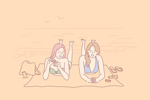 Vacation, travelling, holiday concept. Young happy women girls friends tourists cartoon characters lying on ocean beach sunbathing together. Summer rest or recreation on sea coast and active lifestyle