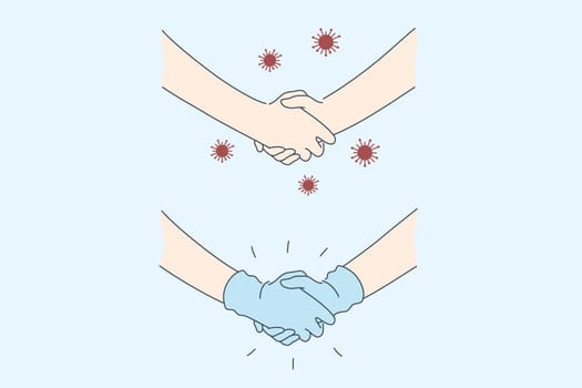 Handshaking, protection, contact, covid19, coronavirus, infection set concept. Human hands shaking with medical gloves and without. Preventive hygiene protective measures from 2019ncov illustration.