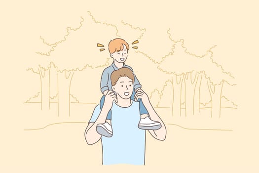Childhood, fatherhood, support, walking concept. Cartoon characters young man father carrying and walking with happy boy son child on shoulders in park. Family fathers day and active summer recreation