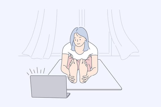 Sport, yoga, fitness concept. Young happy woman girl athlete in sportswear cartoon character does workout doing stretching and using laptop in living room at home. Active lifestyle and body healthcare
