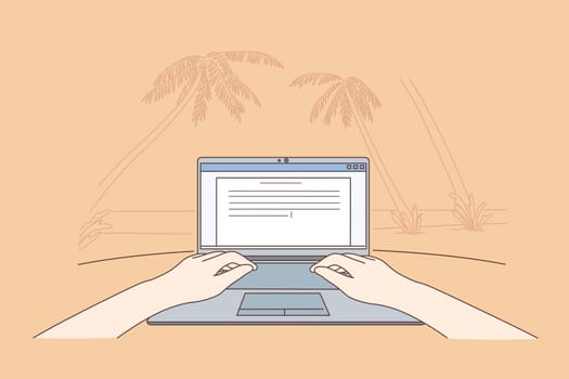 Freelance, coding, remote work, business concept. Human freelancer cartoon chararacter sitting on sea ocean beach and working programming remotely. Summer recreation and online communication on rest.