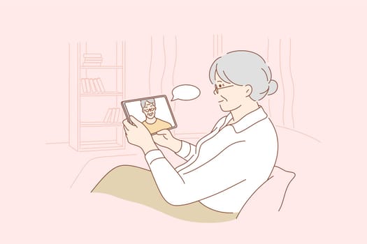 Communication, video conference concept. Old aged woman grandmother pensioner cartoon character sitting on chair and talking with grandfather husband online. Remote conversation at home illustration.