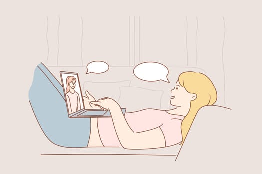 Communication, freelance, video conference business concept. Young woman or girl freelancer cartoon character lying on couch at home talking with friend online. Remote work at isolation illustration.