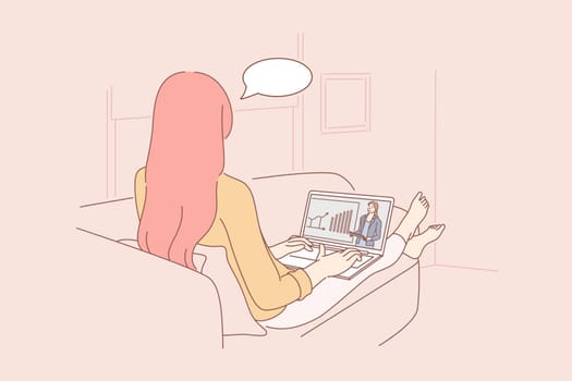 Communication, freelance, video conference business concept. Young woman or girl freelancer lying on sofa at home talking with boss or colleague online. Remote work or business learning at isolation.