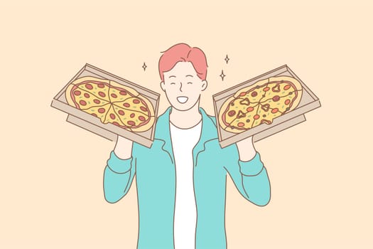 Pizza, food, delivery, happiness concept. Young happy smiling man or boy teenager cartoon character stands with two pepperoni boxes. Fast order delivery service and taking unhealthy meal illustration.
