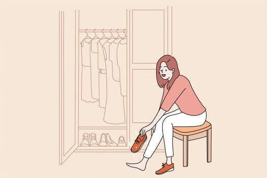 Fashion and fitting new shoes concept. Smiling positive pretty lady cartoon character sitting in showroom fashion collection choosing shoes clothes vector illustration