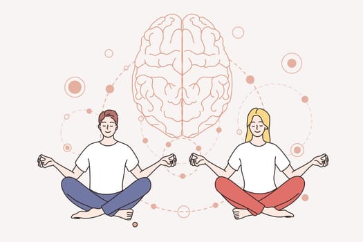 Meditation and mental health concept. Young smiling couple man and woman cartoon characters sitting meditation keeping mind in peace vector illustration