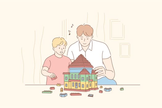 Childhood, fatherhood, game, concept. Cartoon characters happy smiling boy kid child son and young man father playing, building house from details. Family fathers day and funny leisure time.