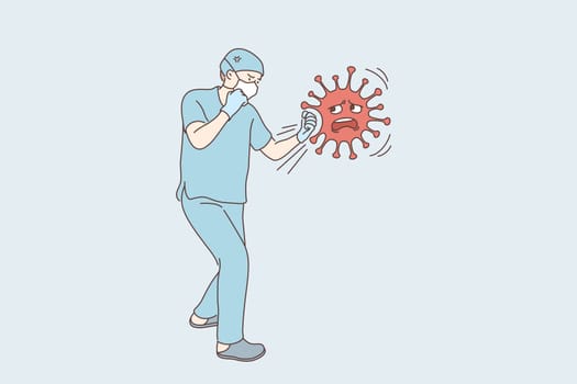 Coronavirus, fighting, infection, protection concept. Young man doctor cartoon character in medical face mask hitting or boxing 2019ncov virus. Struggle against covid19 pandemic desease illustration.