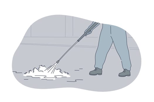 Desinfection, contamination, protection, coronavirus concept. Man worker cartoon character doing street cleanup from contagion. Preventive protective measures from bacterias and 2019ncov illustration.