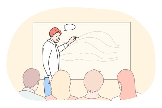 Business, education, presentation, meeting, conference, training concept. Businessman coach manager leader boss presenting corporate plan project to audience. Company briefing forum and discussion.