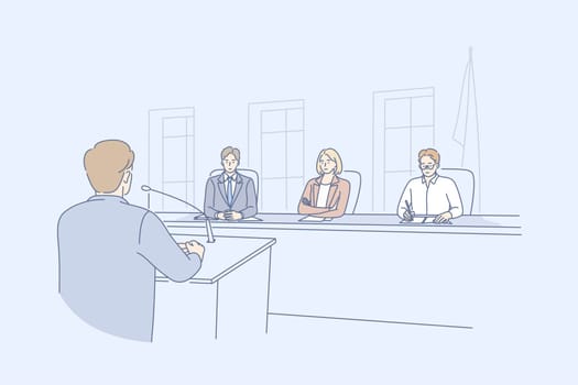 Law adjustment, court concept. Young man criminal attorney cartoon character takes floor speaking in front of judges at hearing meeting in courtroom. Prosecution and defence speech, system of justice.
