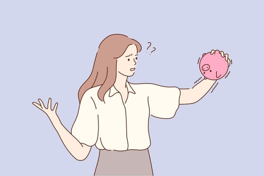 Business, finance, poverty, problem, cash concept. Young unhappy sad frustrated depressed poor businesswoman clerk manager standing holding piglet bank with no money. Fiancial bankruptcy illustration.