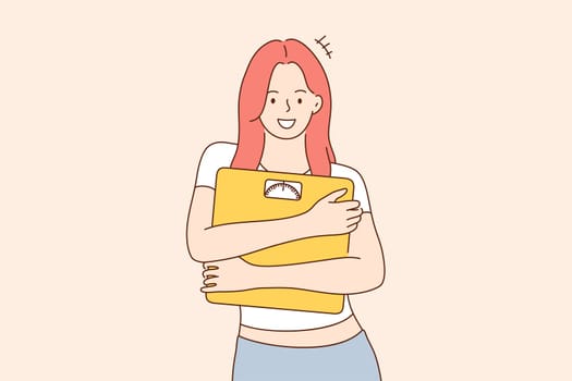 Diet, health, care, happiness, success, workout concept. Young happy smiling cheerful woman girl cartoon character standing holding scale. Dieting healthy lifestyle and losing weight illustration.