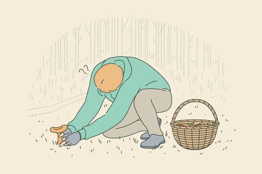 Activity, harvesting, collection, nature concept. Youg man guy boy cartoon character sitting and collecting picking up mushroom cutting with knife in forest. Autumn active recreation and lifestyle.