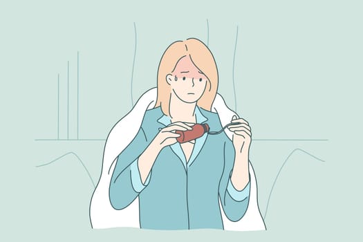 Health, care, desease, cold, medicine concept. Young sad ill sick wman girl cartoon character in blanket pouring antipyretic or cough syrup from bottle to spoon at home. Medical support and treatment.