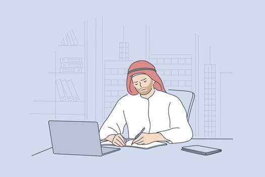 Arab man working in office concept. Sad unhappy arabic businessman muslim clerk manager cartoon character sitting at laptop in a modern office wearing traditional attire. Mental stress fatigue at work