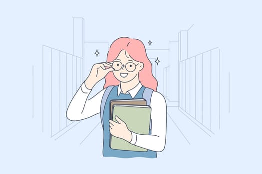 School, education, study, learning concept. Young happy smiling cheerful girl pupil cartoon character standing with books and looking at camera. Back to school and getting knowledge illustration.