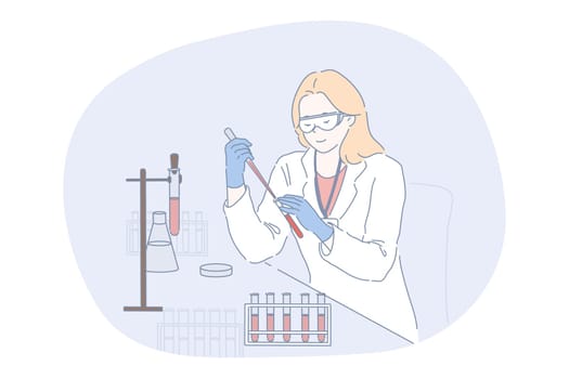 Science, chemistry, coronavirus, analysis, experiment concept. Woman scholar medical lab worker making chemical reaction in laboratory. Scientific test academic research or vaccine covid19 creation.