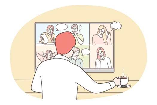 Business, online, seo, conference, meeting, communication concept. Businessman manager clerk communicating with employees colleagues online. Remote working process brainstorming on covid19 quatantine.