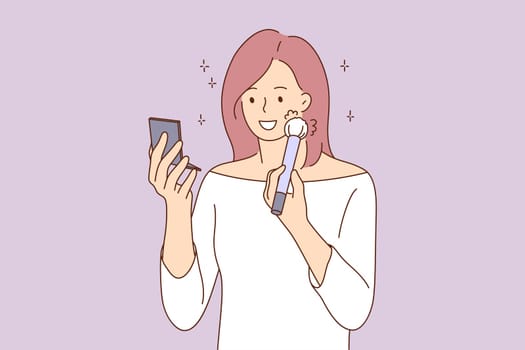 Beauty, skincare, makeup, cosmetology concept. Young happy smiling beautiful woman girl cartoon character making eyeshadow and blushes, preapring to date. Healthy lifestyle and fashion illustration.