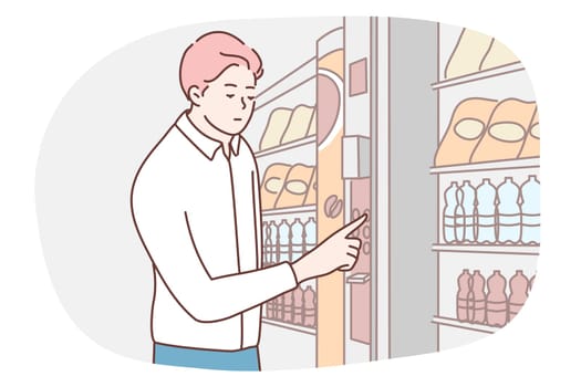 Lunch, hunger, selection, technology, business concept. Hungry businessman manager customer purchaser buying crisps drinks at electronic vending machine. NFC service pay technologies illustration.
