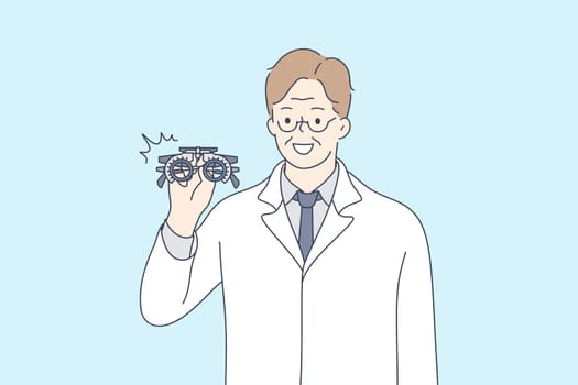Health, care, medicine, optics, vision concept. Old happy smiling man doctor cartoon character holding optometrist eyeglasses. Medical examination support and help for saving eyesight illustration.