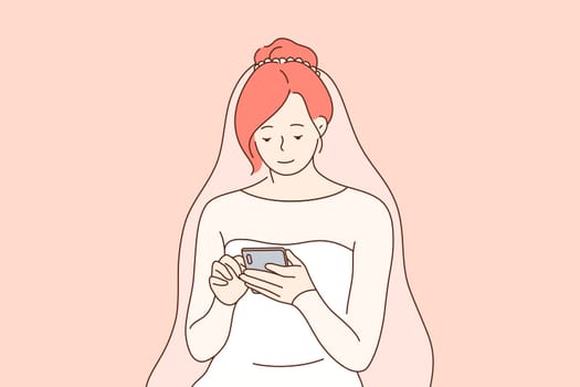 Communication, wedding, technology, media concept. Young happy smiling woman girl bride cartoon character sits using smartphone for social network and sharing news. Digital technologies illustration.